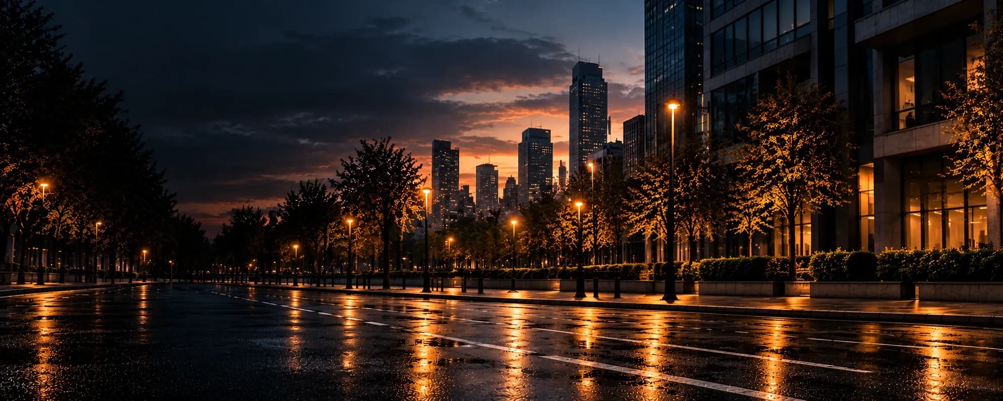 A white street sweeper with orange roof beacons driving along a wet city street at dusk