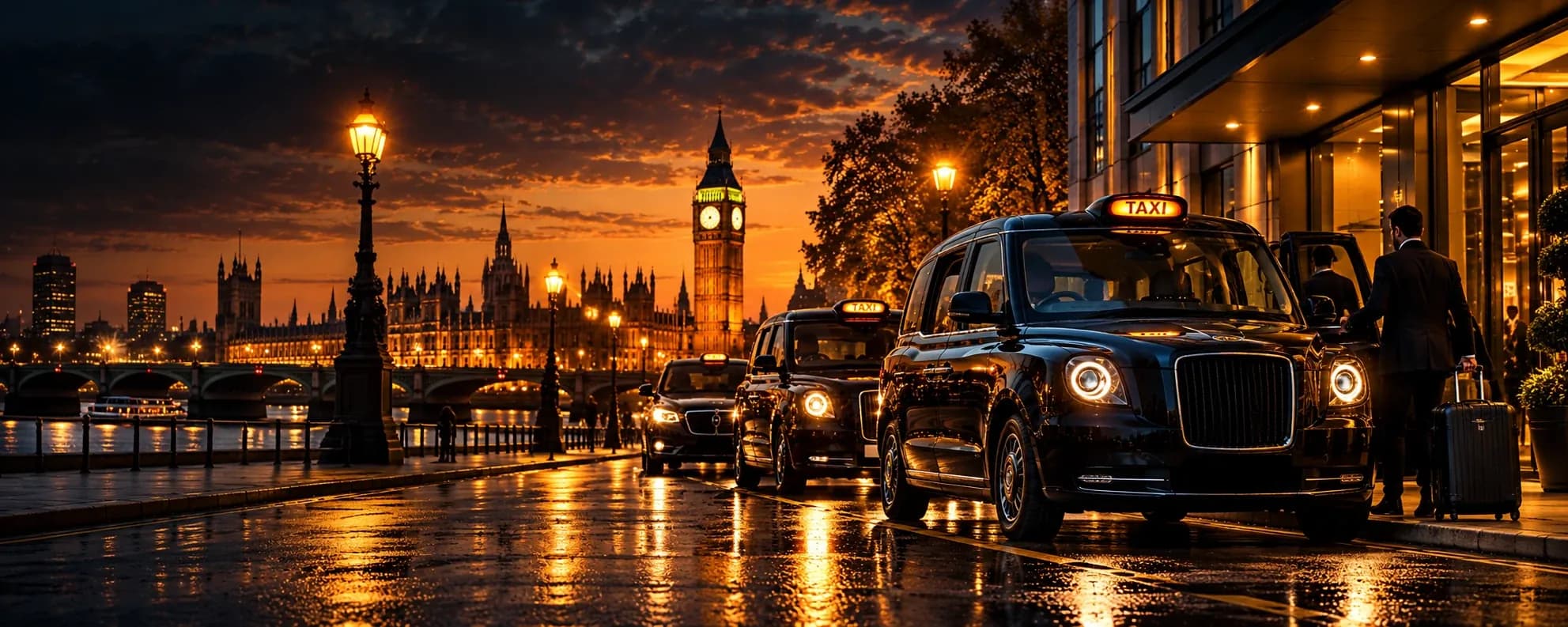 Black London taxis with lit TAXI signs at a hotel entrance beside the Thames at dusk, with the Houses of Parliament and Big Ben behind
