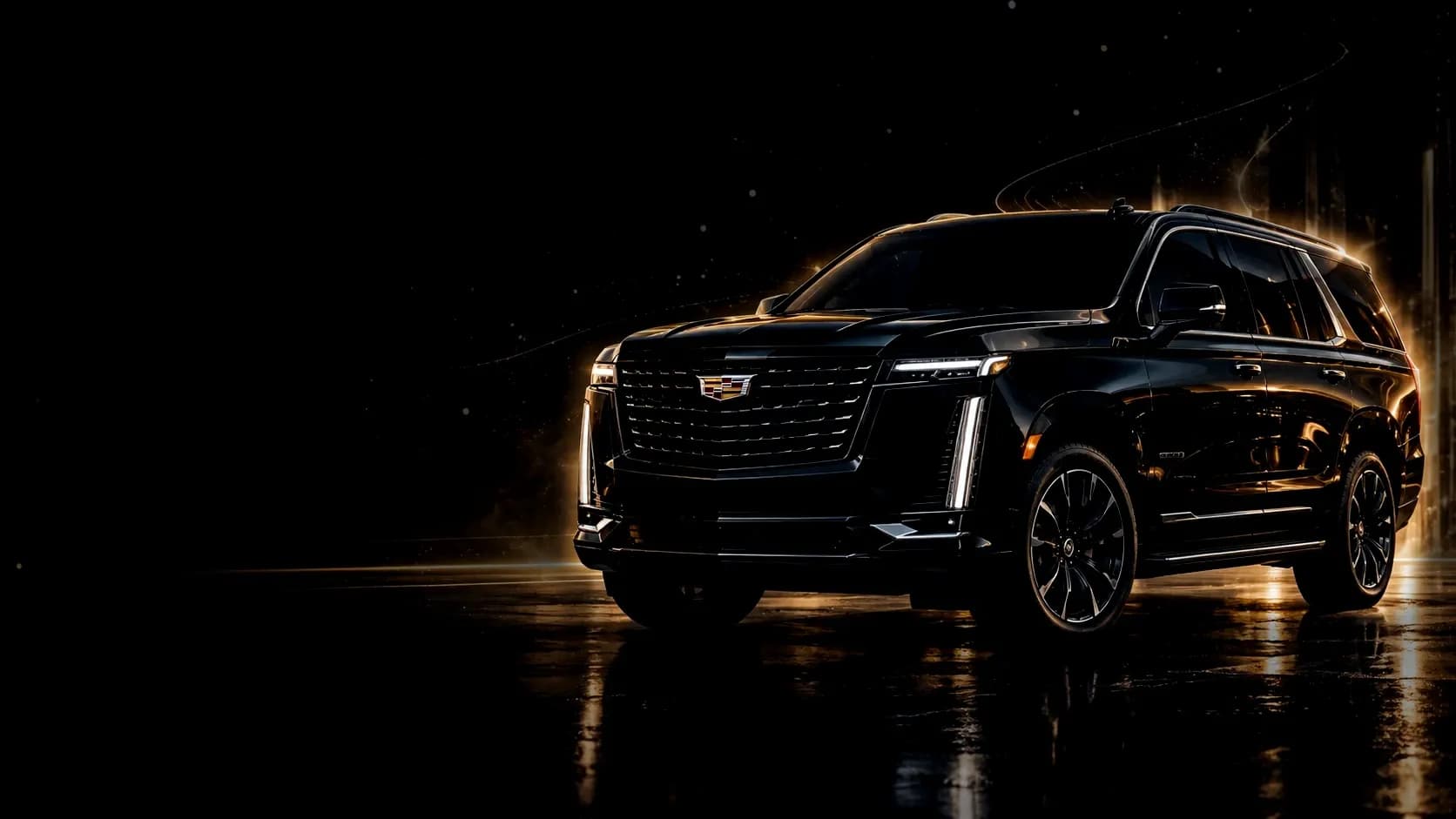Black Cadillac Escalade parked on a dark, reflective surface at night