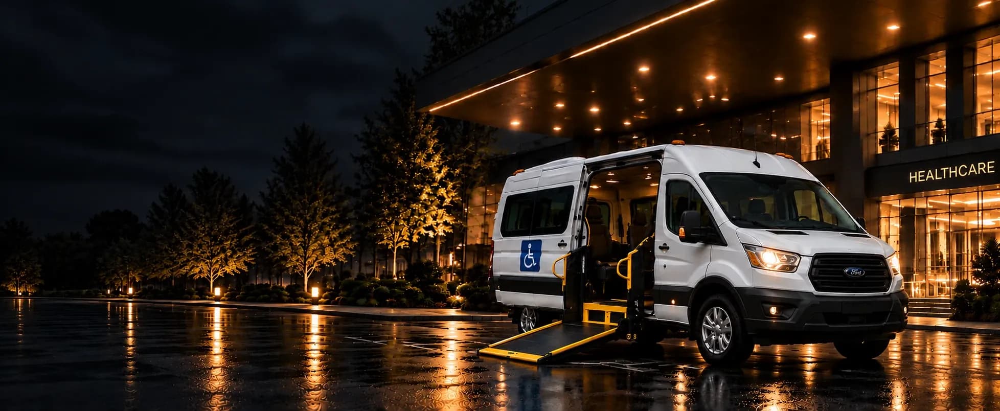 White wheelchair-accessible transport van with its side ramp lowered, outside a healthcare building at night