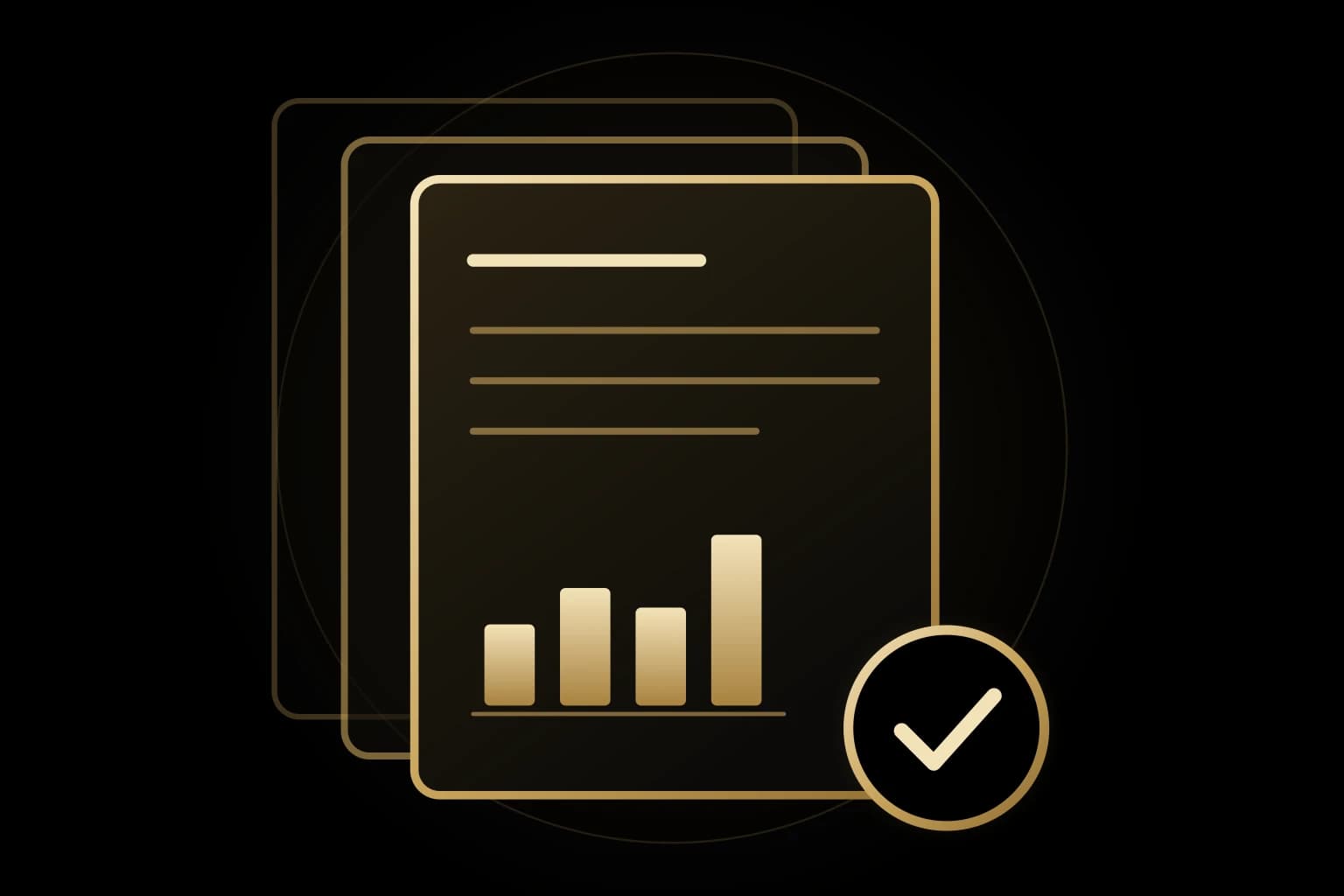 Gold line drawing of a stack of documents with a small bar chart and a check mark