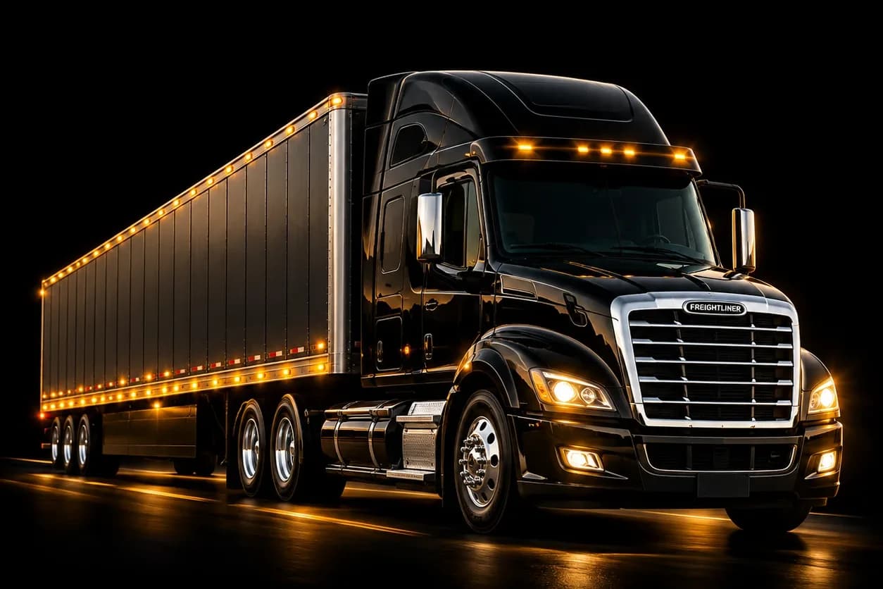 Black semi-truck and trailer with amber marker lights at night